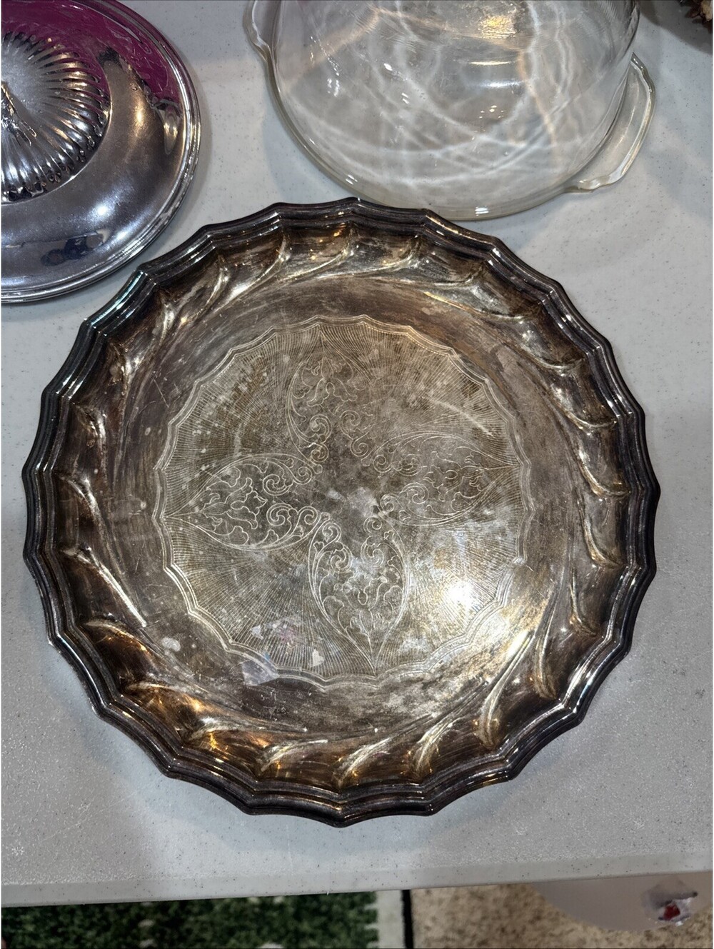 VTG  ornate silver-plated round serving tray. Kirk Stieff.  Italy